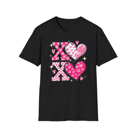 Sparkling XOXO Love Hearts T-Shirt | Chic Pink Polka Dot & Brushstroke Tee | Perfect Valentine's Day & Everyday Wear