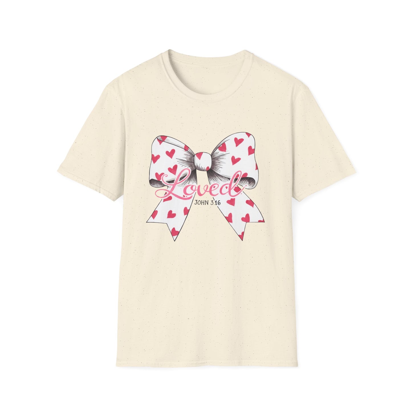 Inspiring 'Loved' John 3:16 T-Shirt | Christian Faith Tee with Hearts Bow | Beautiful Spiritual Gift for Women