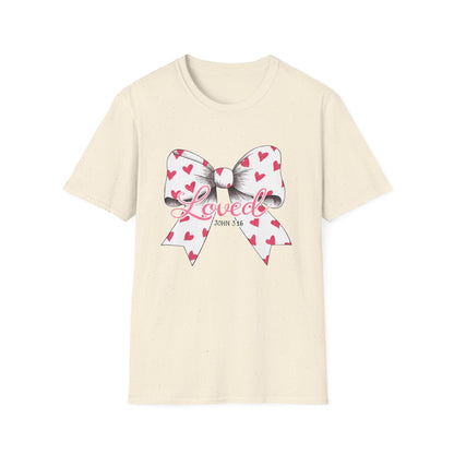 Inspiring 'Loved' John 3:16 T-Shirt | Christian Faith Tee with Hearts Bow | Beautiful Spiritual Gift for Women