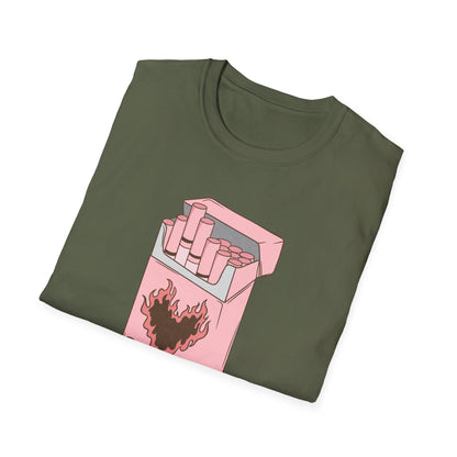 Unique Self Love T-Shirt | Pink Retro Cigarette Pack & Flaming Heart Design | Empowering Aesthetic Tee