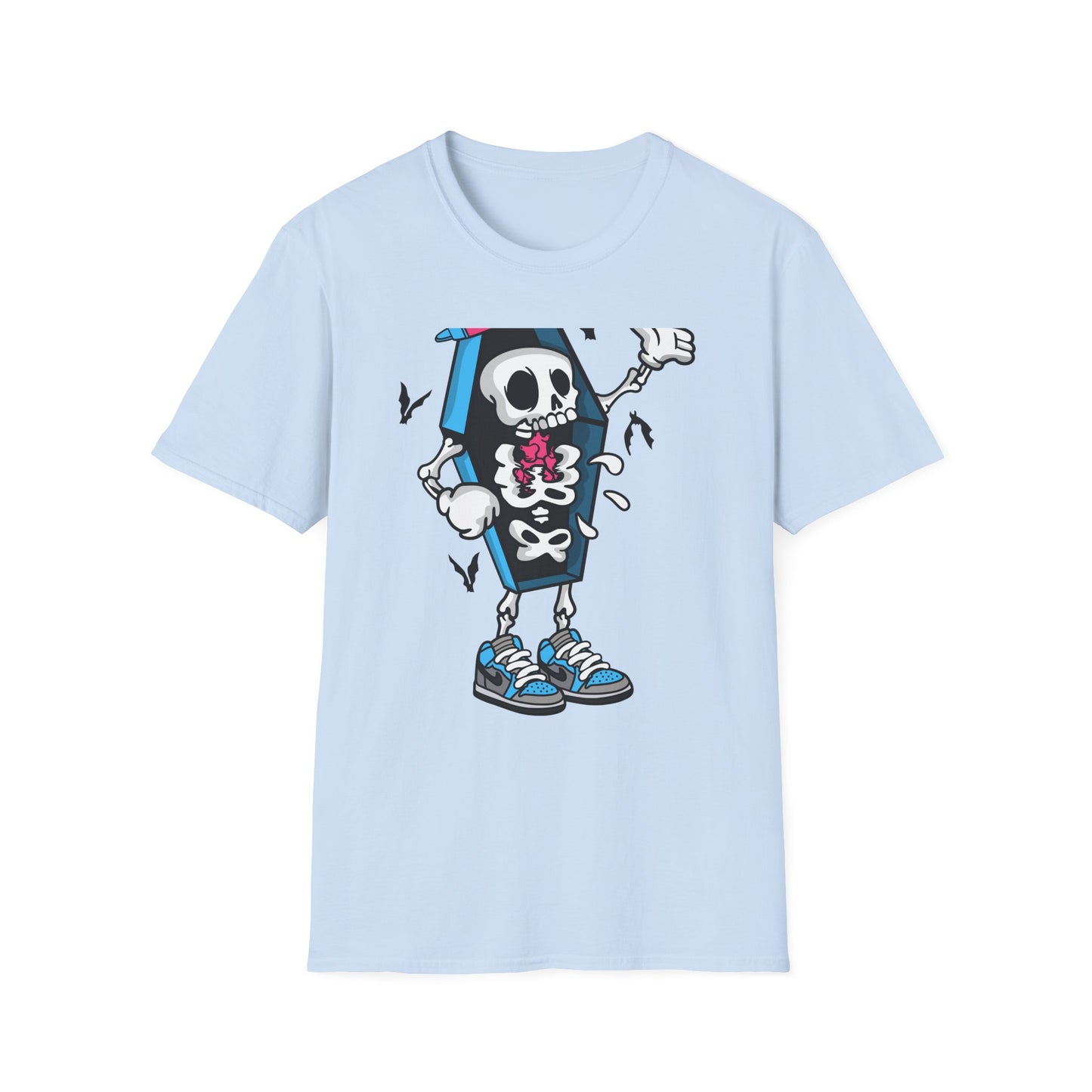 Hip Hop Skeleton Coffin Tee | Spooky Cool Streetwear T-Shirt with Sneakers & Bats | Unique Urban Style Graphic