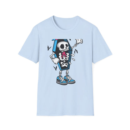 Hip Hop Skeleton Coffin Tee | Spooky Cool Streetwear T-Shirt with Sneakers & Bats | Unique Urban Style Graphic