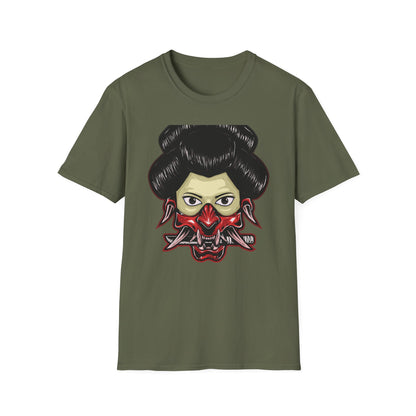 Fierce Hannya Mask T-Shirt | Striking Japanese Oni Demon Warrior Tee with Blade | Bold Traditional Art Statement Shirt