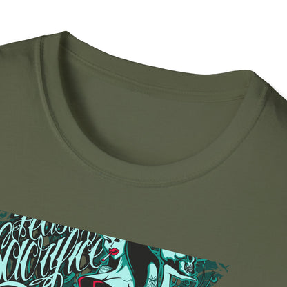 Bold 'Feast of Sacrifice' T-Shirt - Edgy Pin-Up Girl, Flaming Skulls & Tattoo Art for Goth & Alternative Style