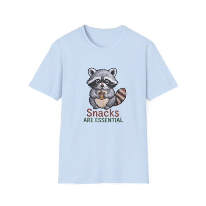 Hilarious "Snacks Are Essential" Raccoon T-Shirt | Adorable Animal Lover Tee | Ultimate Comfort & Style