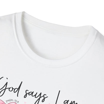 Empowering God Says I Am T-Shirt | Christian Affirmation Pink Bow Tee | Inspiring Bible Verse Faith Apparel for Women & Girls
