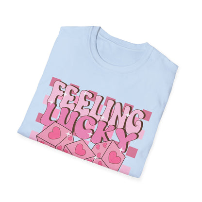 Feeling Lucky Groovy T-Shirt | Pink Heart Dice Retro Aesthetic Tee | Trendy Y2K Cute Sparkling Top for Women & Teens