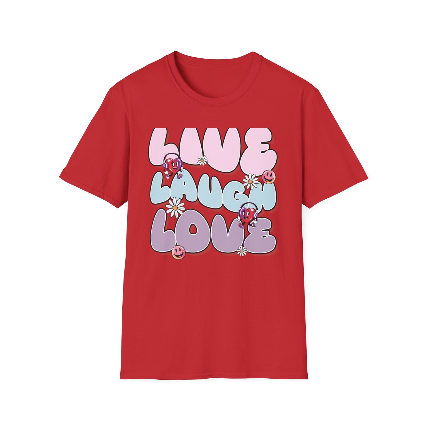 Vibrant Retro Live Laugh Love T-Shirt | Groovy Hearts & Smiley Faces Tee for Positive Vibes