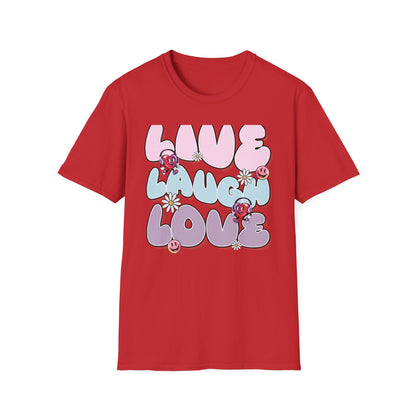 Vibrant Retro Live Laugh Love T-Shirt | Groovy Hearts & Smiley Faces Tee for Positive Vibes
