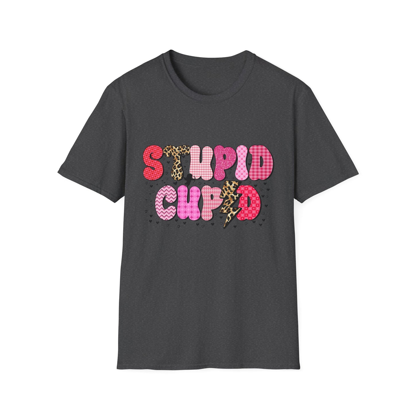 Edgy "Stupid Cupid" T-Shirt - Sarcastic Anti-Valentine's Day Tee with Retro Leopard & Glitter Patterns