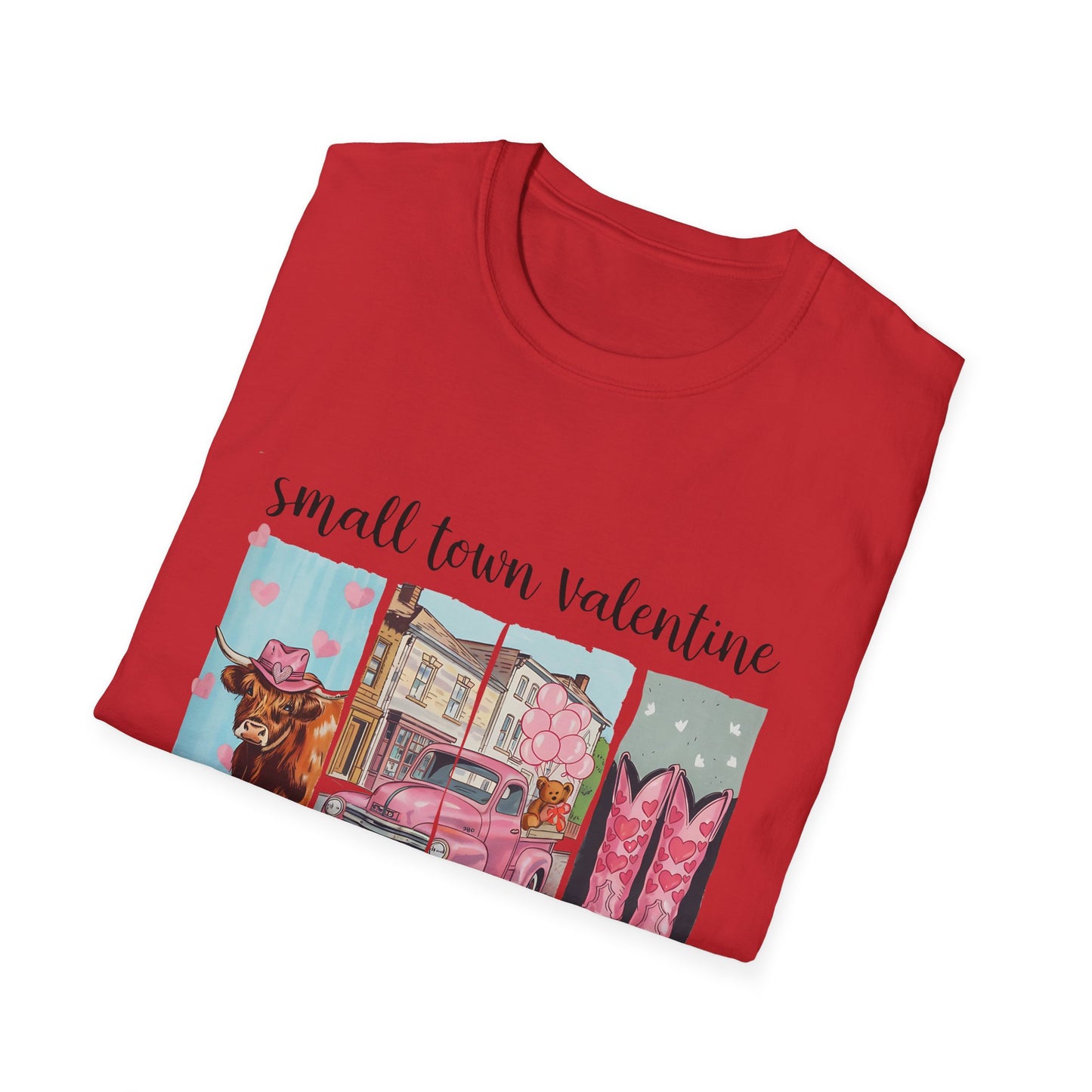 Charming Small Town Valentine T-Shirt | Cute Highland Cow, Pink Truck & Cowboy Boots | Adorable Romantic Gift for Her