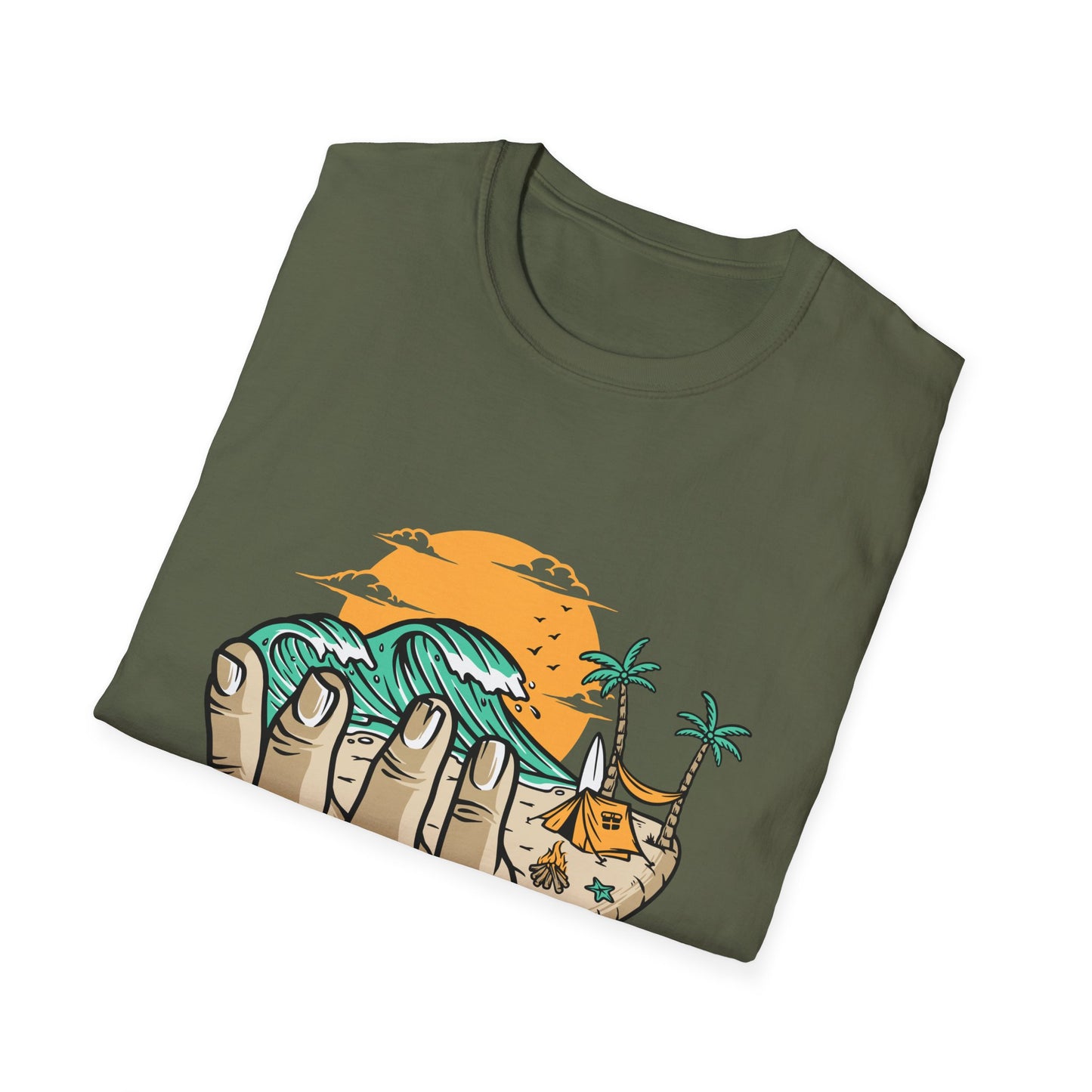 Epic Beach Life Hand T-Shirt | Surf, Camp & Travel Adventure Tee | Vibrant Tropical Sunset Vacation Top