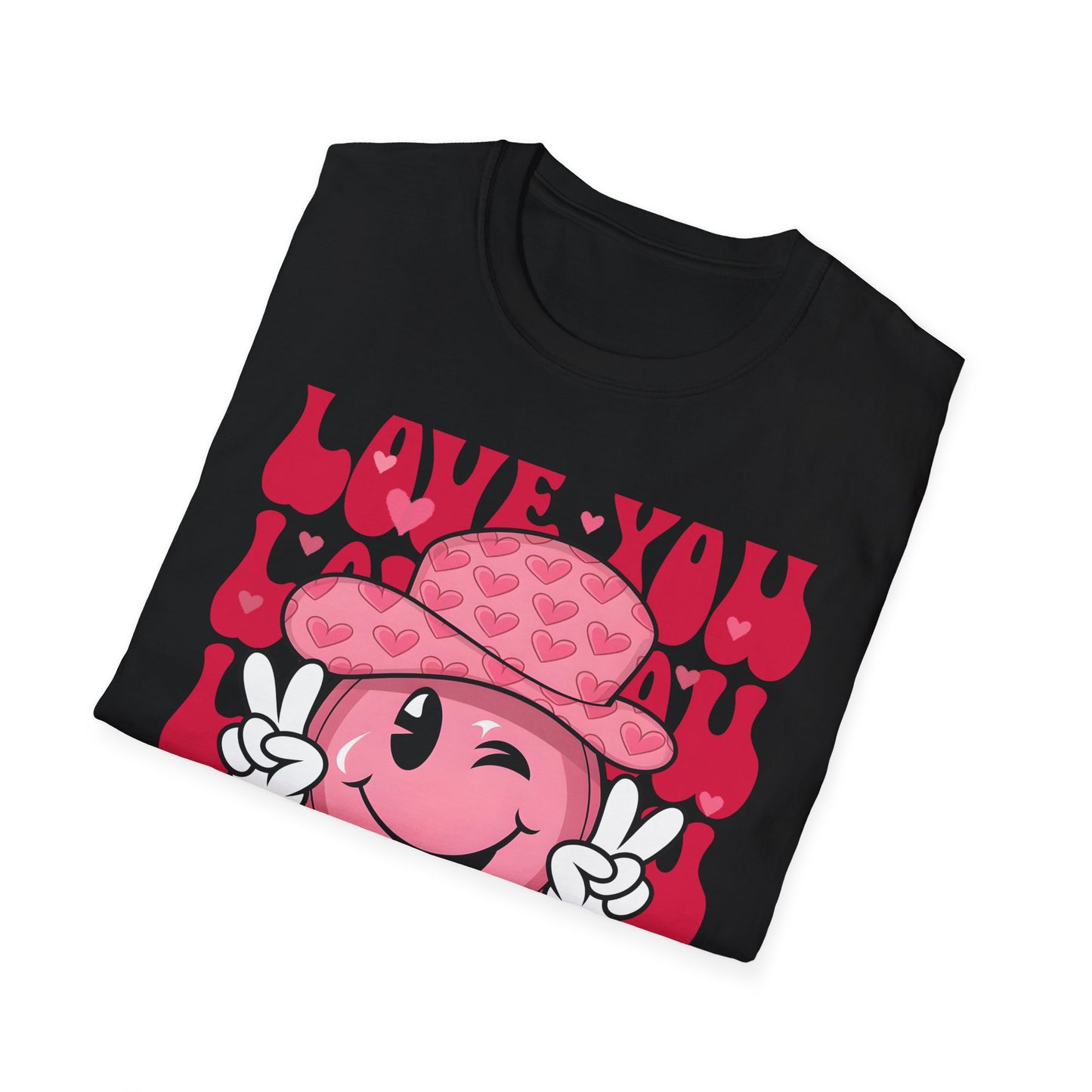 Super Cute Groovy Smiley Face T-Shirt - Pink Hearts Cowboy Hat & Peace Sign - Awesome 'Love You' Tee for Valentine's Day
