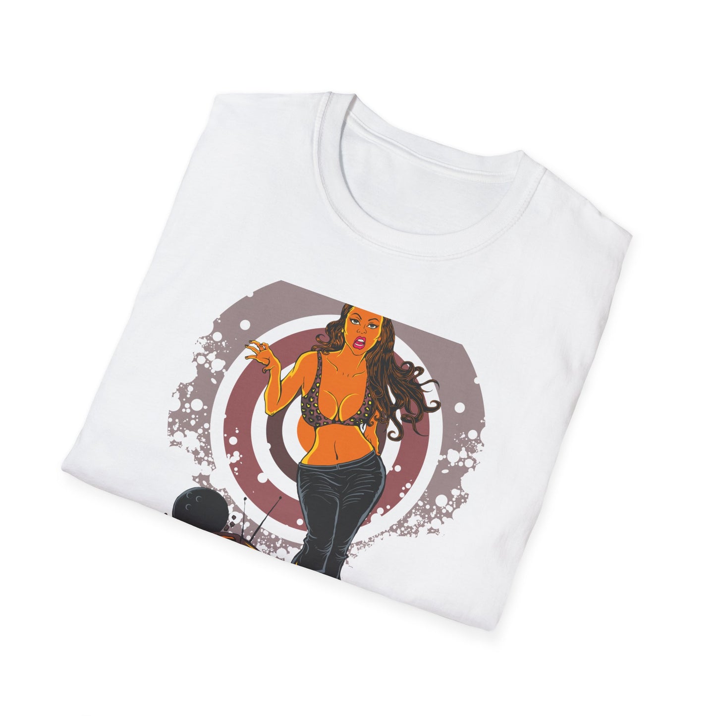 Edgy Retro Pin-Up Girl & Cracked TV Bowling T-Shirt | Bold Pop Art Vibe Women's Tee | Unique Vintage Statement Gift