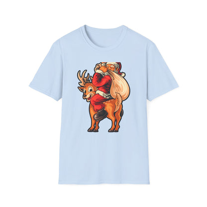 Epic Santa Riding Reindeer T-Shirt - Funny Christmas Piggyback Holiday Tee | Joyful Festive Apparel