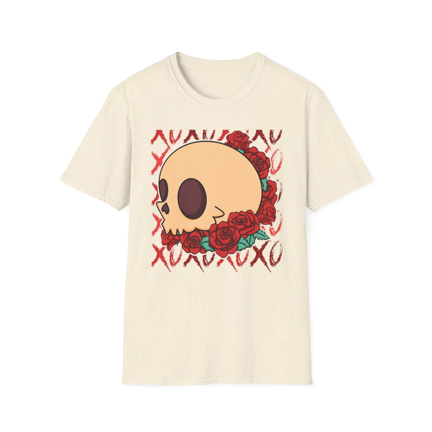 Charming XOXO Skull & Roses T-Shirt | Sweet Gothic Love Tee | Unique Edgy Romantic Print-on-Demand Apparel Gift