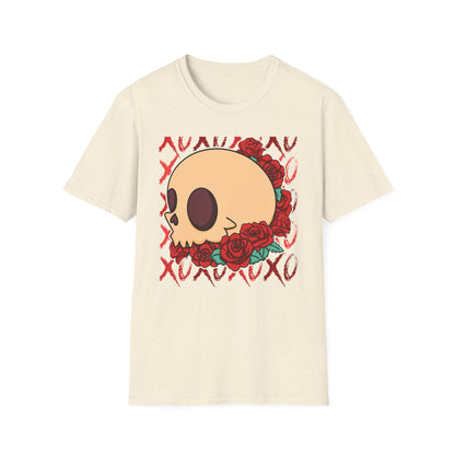 Charming XOXO Skull & Roses T-Shirt | Sweet Gothic Love Tee | Unique Edgy Romantic Print-on-Demand Apparel Gift