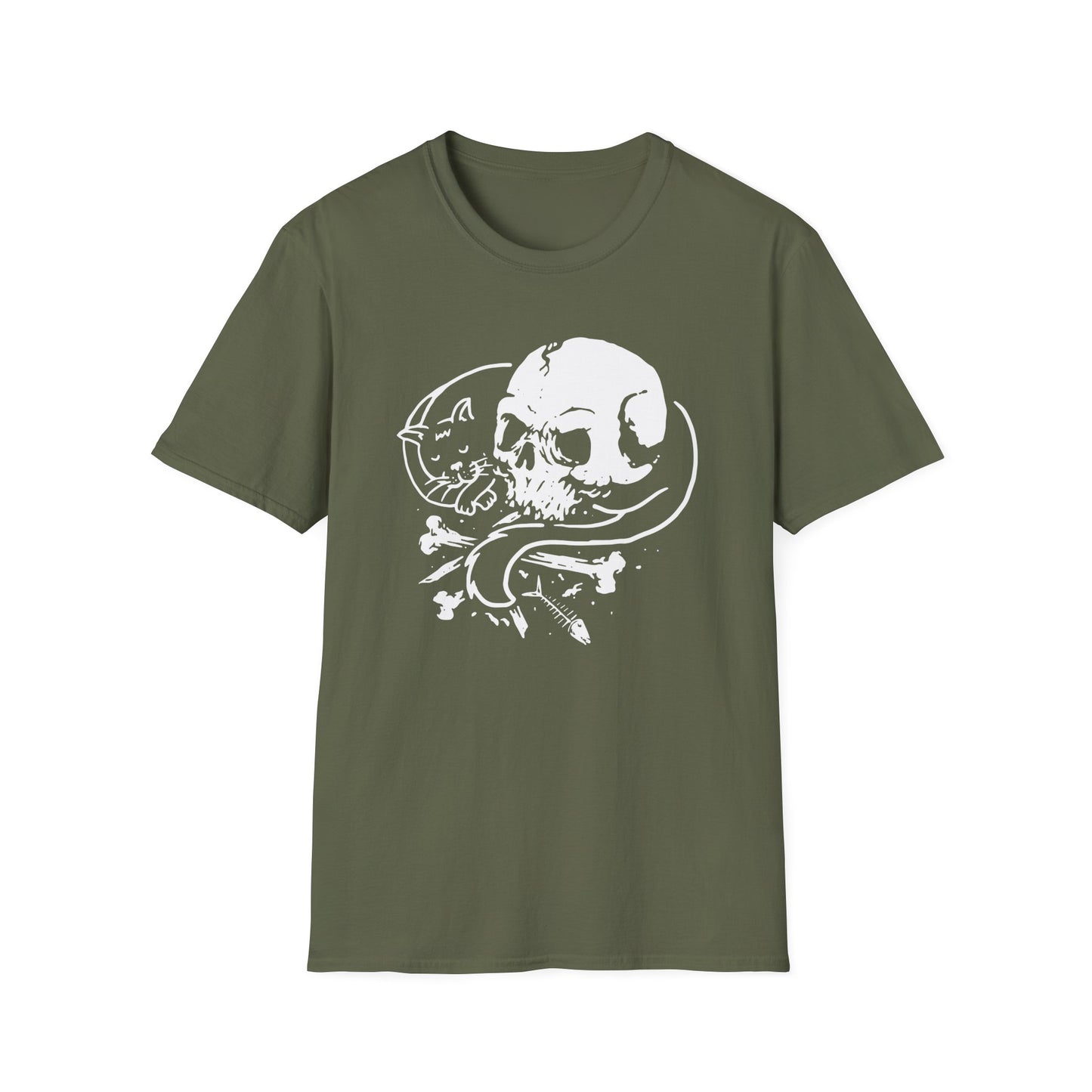 Striking Gothic Cat & Skull T-Shirt | Unique Black & White Abstract Art Tee for Edgy Souls & Dark Nature Lovers