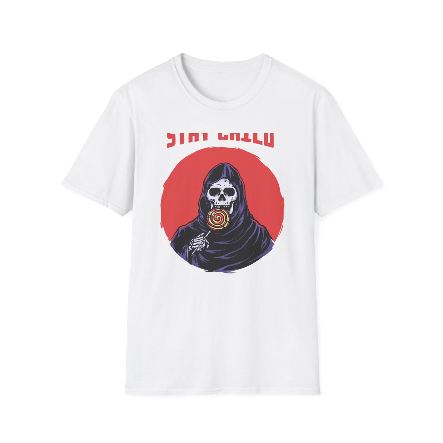 Stay Child Grim Reaper Lollipop T-Shirt | Edgy Skeleton Tee for Dark Humor & Inner Child | Unique & Vibrant Fun