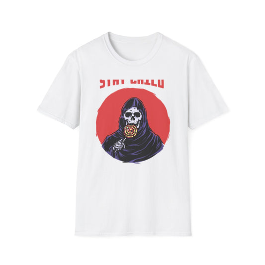 Stay Child Grim Reaper Lollipop T-Shirt | Edgy Skeleton Tee for Dark Humor & Inner Child | Unique & Vibrant Fun