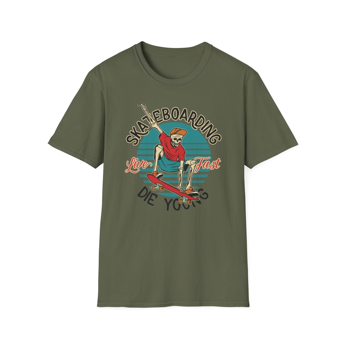Cool Vintage Skeleton Skater T-Shirt | Live Fast Die Young Retro Skateboarding Graphic Tee for Extreme Fans