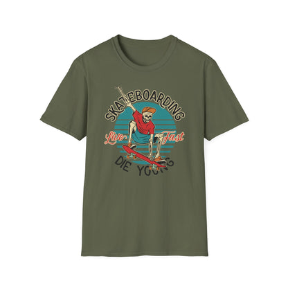 Vintage Skateboarding Skeleton T-Shirt | "Live Fast Die Young" Retro Skater Tee for Edgy Style