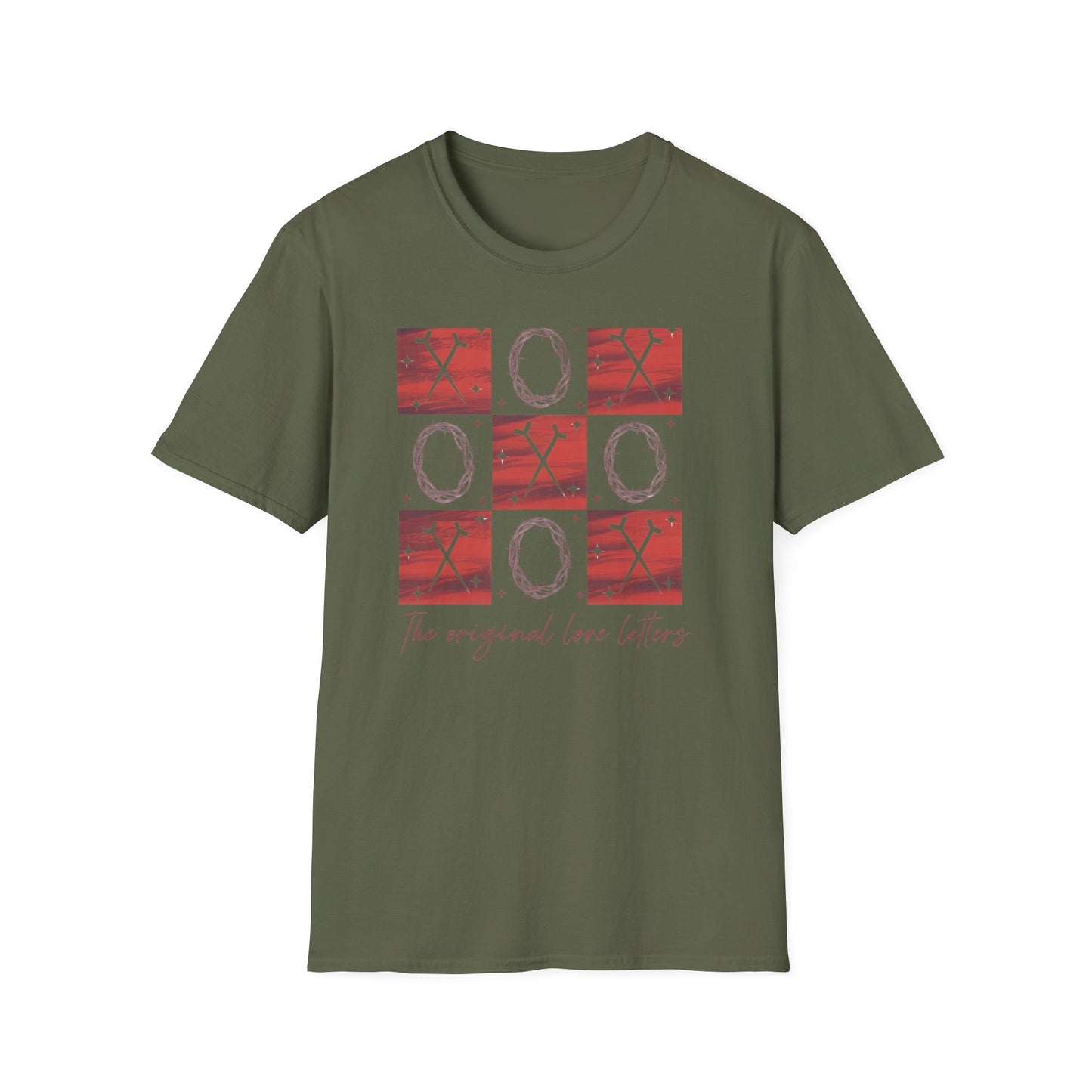 Meaningful Christian 'Original Love Letters' T-Shirt | Unique Cross & Crown of Thorns Design - Faith Tic-Tac-Toe Apparel