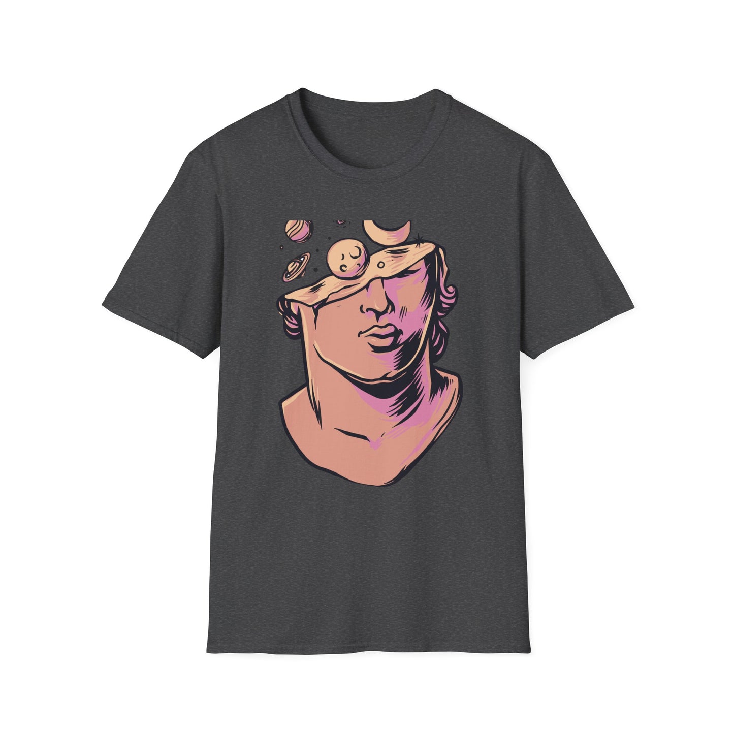 Explore Your Mind's Universe: Celestial Greek Bust T-Shirt | Artistic Cosmic Thoughts Graphic Tee | Unique Planet & Moon Design for Thinkers