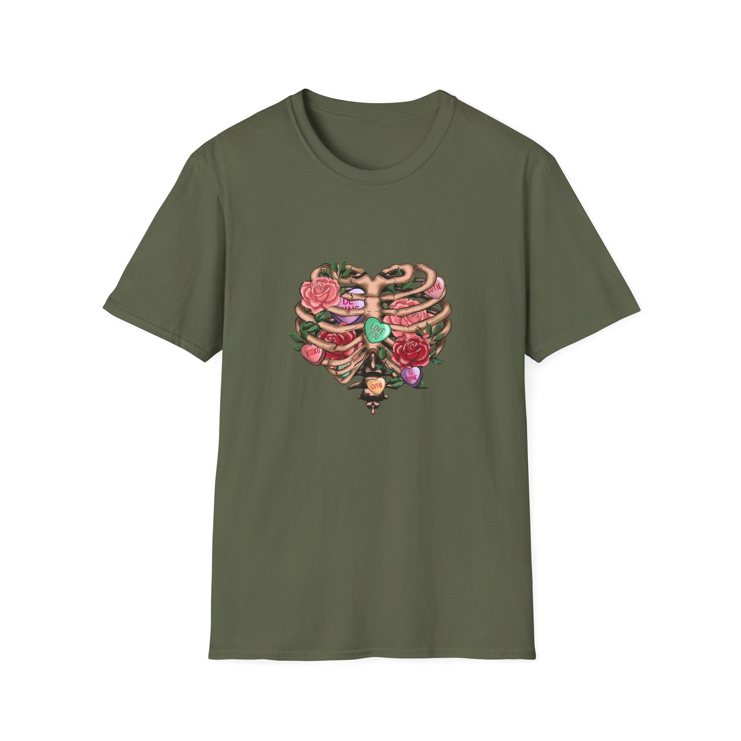 Captivating Anatomical Love Rib Cage T-Shirt - Edgy Floral Valentine's Day Conversation Hearts Tee for Unique Romance