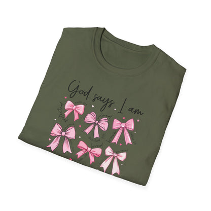 Empowering God Says I Am T-Shirt | Christian Affirmation Pink Bow Tee | Inspiring Bible Verse Faith Apparel for Women & Girls