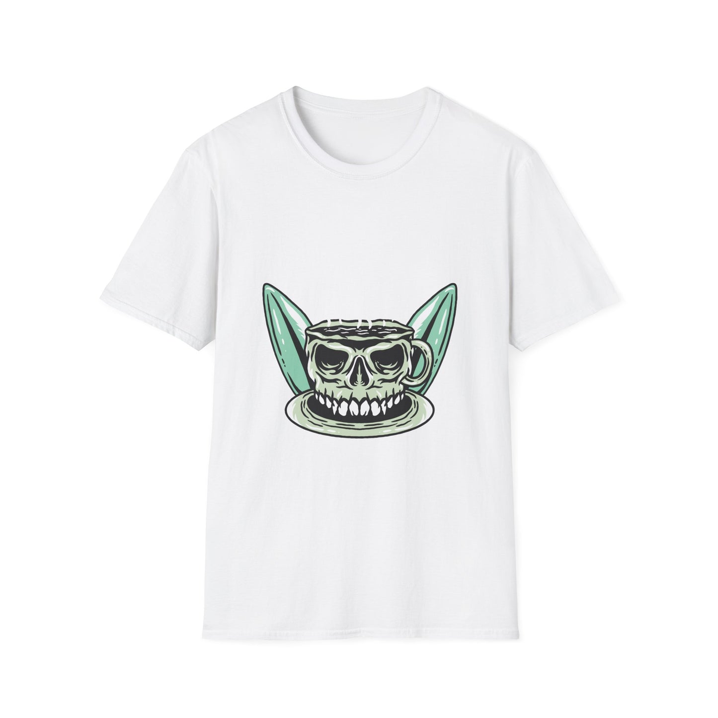 Skull Coffee Surfboard T-Shirt | Edgy Summer Beach Vibes Tee | Unique Design for Coffee Lovers & Surfers