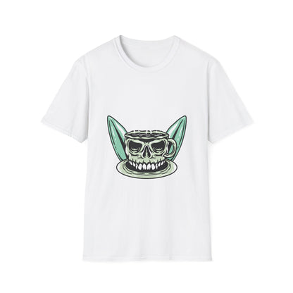 Skull Coffee Surfboard T-Shirt | Edgy Summer Beach Vibes Tee | Unique Design for Coffee Lovers & Surfers