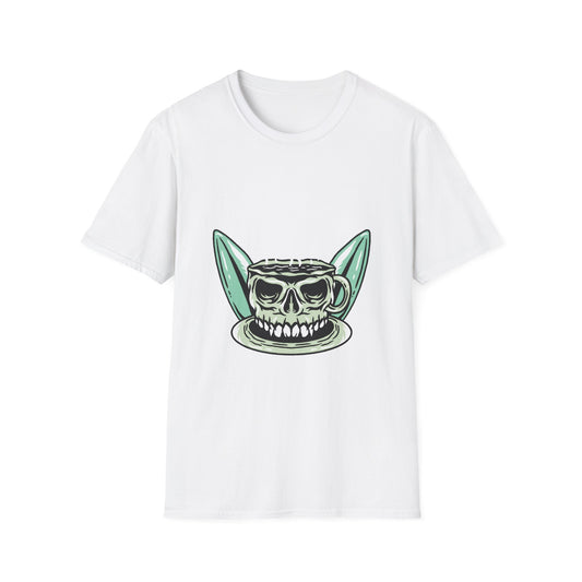 Skull Coffee Surfboard T-Shirt | Edgy Summer Beach Vibes Tee | Unique Design for Coffee Lovers & Surfers