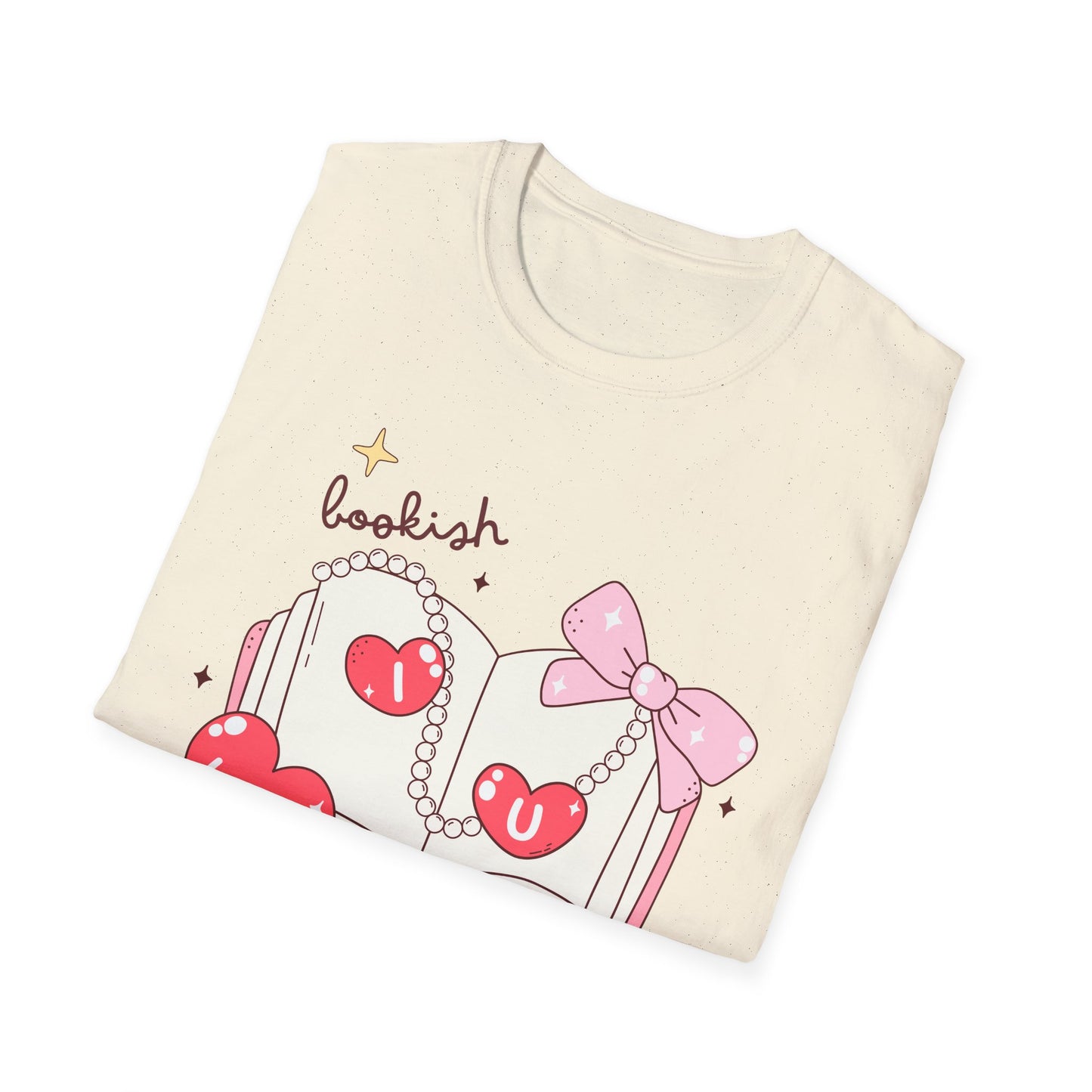 Sweet Bookish Girlie T-Shirt: 'I Love You' Hearts, Pearl Necklace & Pink Bow Design | Perfect Romantic Gift for Book Lovers