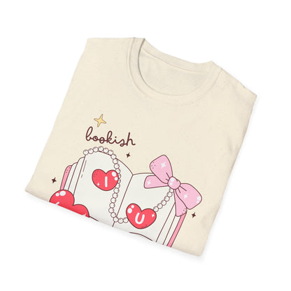 Sweet Bookish Girlie T-Shirt: 'I Love You' Hearts, Pearl Necklace & Pink Bow Design | Perfect Romantic Gift for Book Lovers