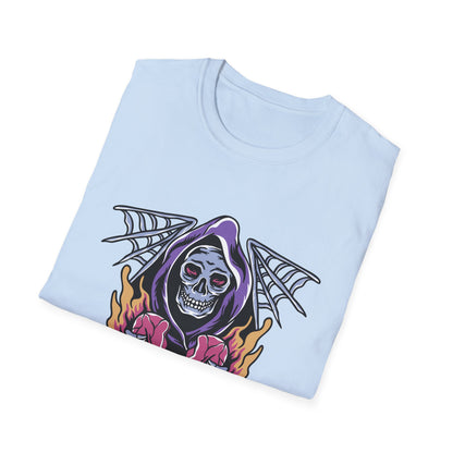 Striking Grim Reaper Broken Heart T-Shirt | Edgy Skull & Flames Tee | Gothic Macabre Streetwear | Bold & Unique Style