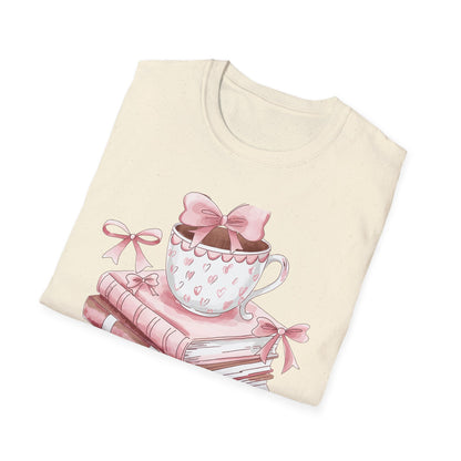 Cozy Pink Books & Teacup T-Shirt | Aesthetic Book Lover Gift | Delightful Reader Style Top