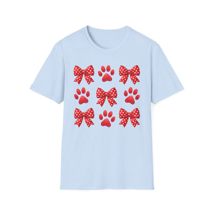 Charming Pet Love T-Shirt: Red Heart Bows & Glitter Paw Prints | Valentine's Day Animal Lover Tee