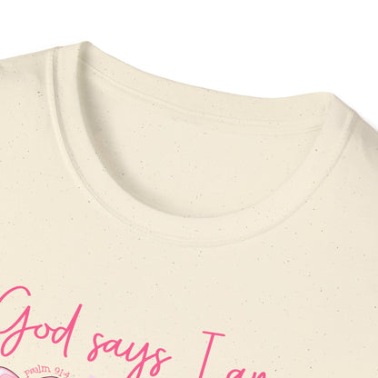 Powerful "God Says I Am" Christian T-Shirt for Women | Inspiring Bible Verse & Pink Bows Tee | Empowering Faith Gift
