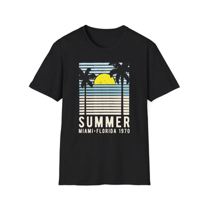 Classic Miami 1970 Florida Summer T-Shirt | Retro Palm Tree Sunset Beach Vacation Tee for Men & Women