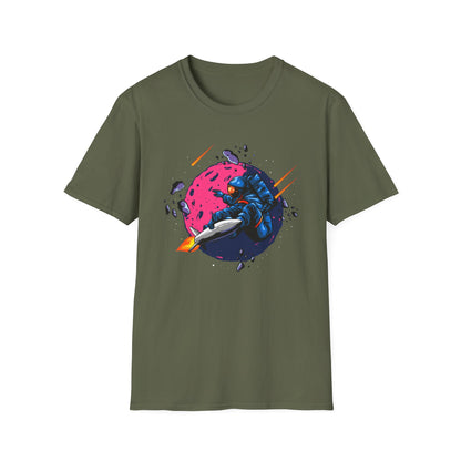 Epic Space Surfer Astronaut T-Shirt | Thrilling Galactic Rocket Ride Design Tee for Sci-Fi & Adventure Fans
