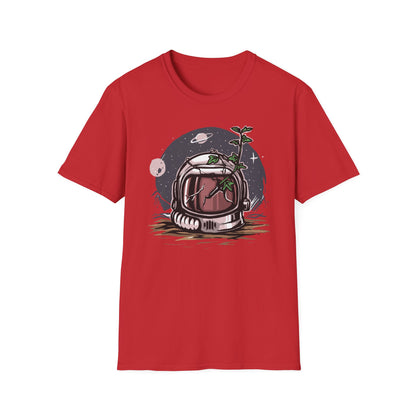 Stunning Cosmic Bloom Astronaut Helmet T-Shirt | Unique Space Plant Growth & Nature Inspired Sci-Fi Art Tee