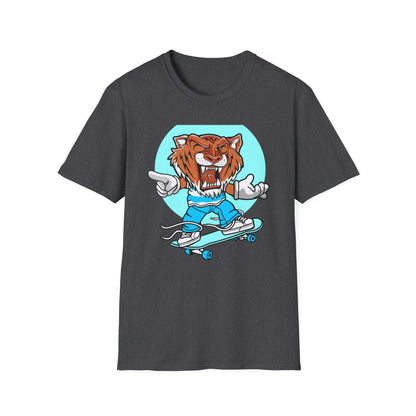 Rad Roaring Tiger Skateboard T-Shirt | Fierce Skater Mascot Graphic Tee for Extreme Style