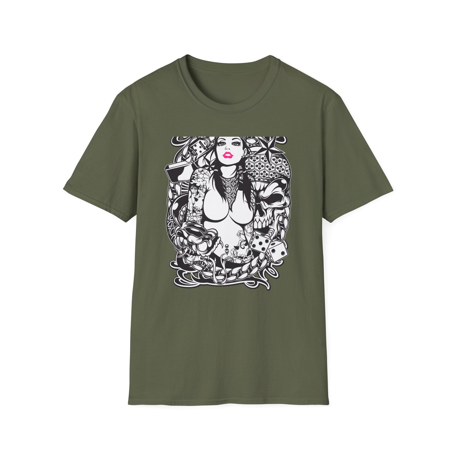 Bold Tattoo Girl & Skull Graphic T-Shirt | Edgy Urban Streetwear | Dice & Star Statement Tee - Unleash Your Rebel Style!