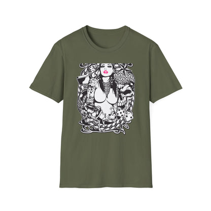 Bold Tattoo Girl & Skull Graphic T-Shirt | Edgy Urban Streetwear | Dice & Star Statement Tee - Unleash Your Rebel Style!