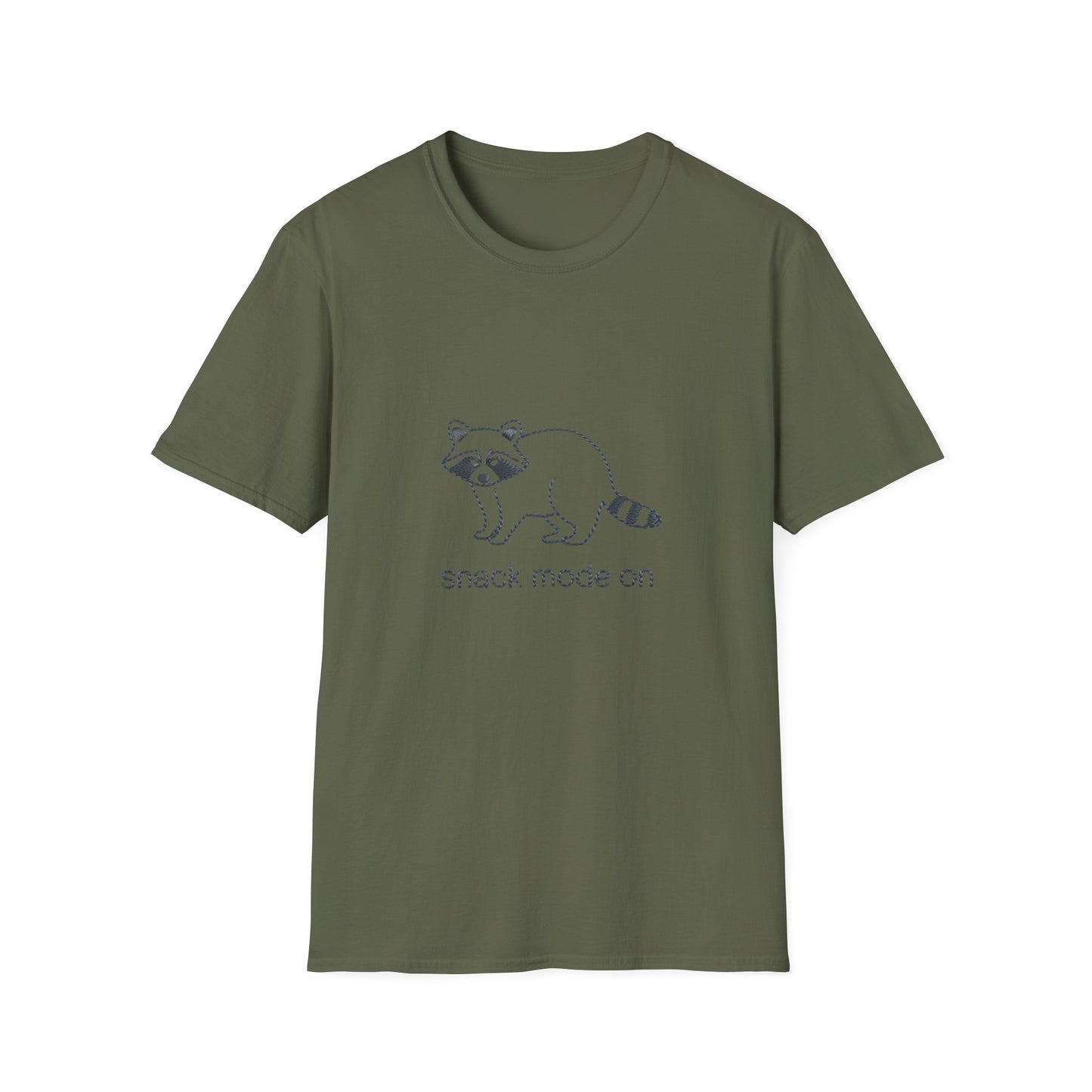 Hilarious Raccoon 'Snack Mode On' T-Shirt | Comfy Foodie Animal Tee | Unique Embroidered Look Gift for Snack Lovers
