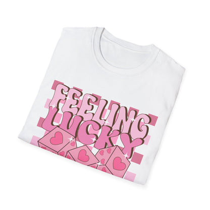 Feeling Lucky Groovy T-Shirt | Pink Heart Dice Retro Aesthetic Tee | Trendy Y2K Cute Sparkling Top for Women & Teens
