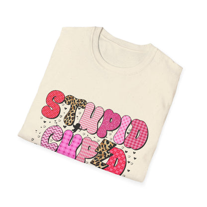 Edgy "Stupid Cupid" T-Shirt - Sarcastic Anti-Valentine's Day Tee with Retro Leopard & Glitter Patterns