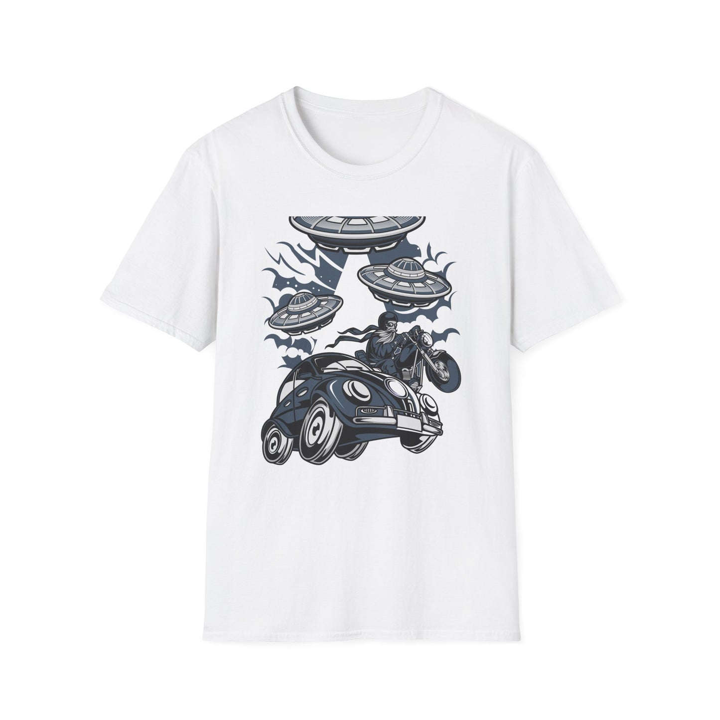 Epic Alien Invasion Biker VW Beetle T-Shirt | Unique Sci-Fi Chopper Car Lover Gift Tee