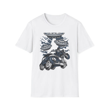 Epic Alien Invasion Biker VW Beetle T-Shirt | Unique Sci-Fi Chopper Car Lover Gift Tee